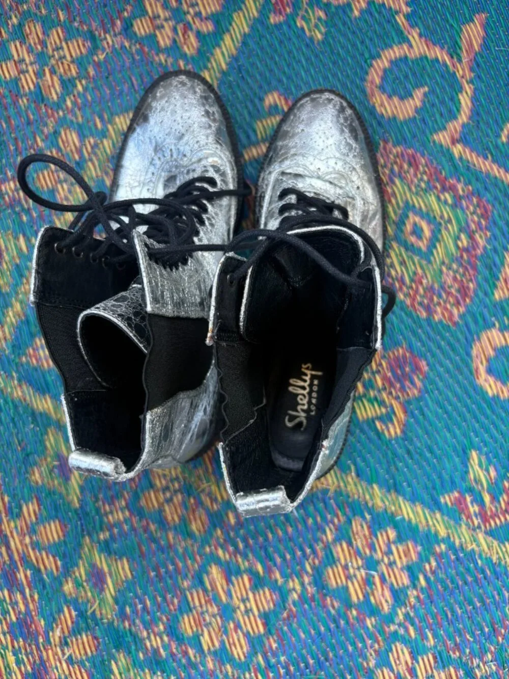 Shelley's London Silver Crinkle Lily Platform Wedge Ankle Boots